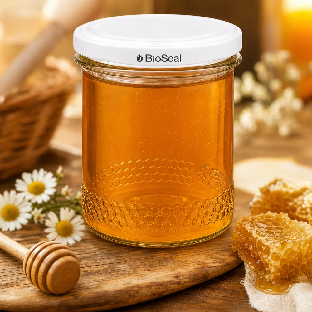 O frasco de mel UNiTWIST de 400 ml cheio de mel, ao lado de um favo de mel e de um recipiente para o mel, mostra o ambiente tradicional da apicultura