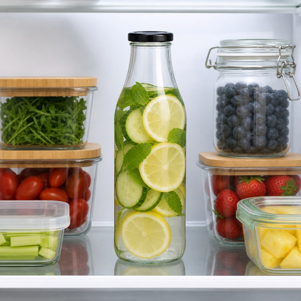 Garrafa de vidro de 1000 ml + tampa BasicSeal preta UNiTWIST 1000ml Glasflasche mit Gurken-Zitronen-Infused-Water im Kühlschrank zwischen frischem Obst und Gemüse