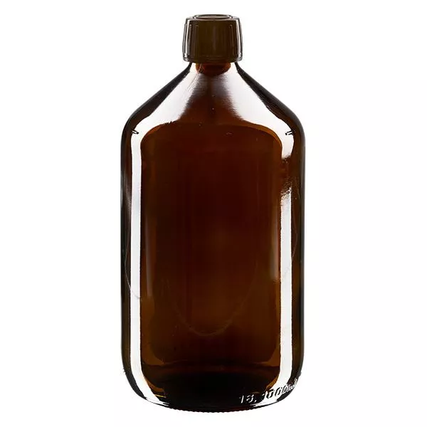 Frasco para medicamentos de 1000 ml castanho, tampa castanha com anel inviolável ApoGlas Frasco para medicamentos de 1000 ml castanho, tampa castanha com anel inviolável ApoGlas