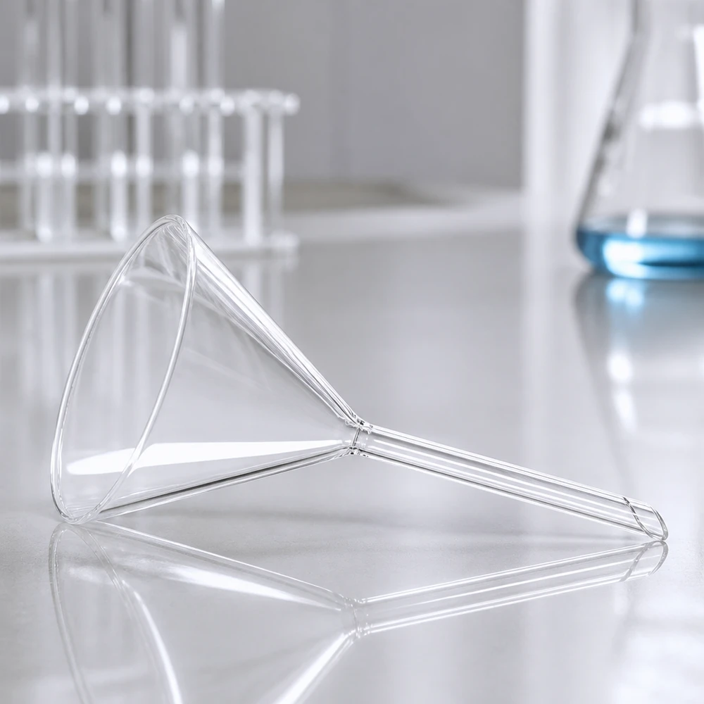 Funil ø85mm borosilicato ângulo 60 estilo curto Funil de vidro transparente de 85 mm com pega curta para aplicações químicas no laboratório