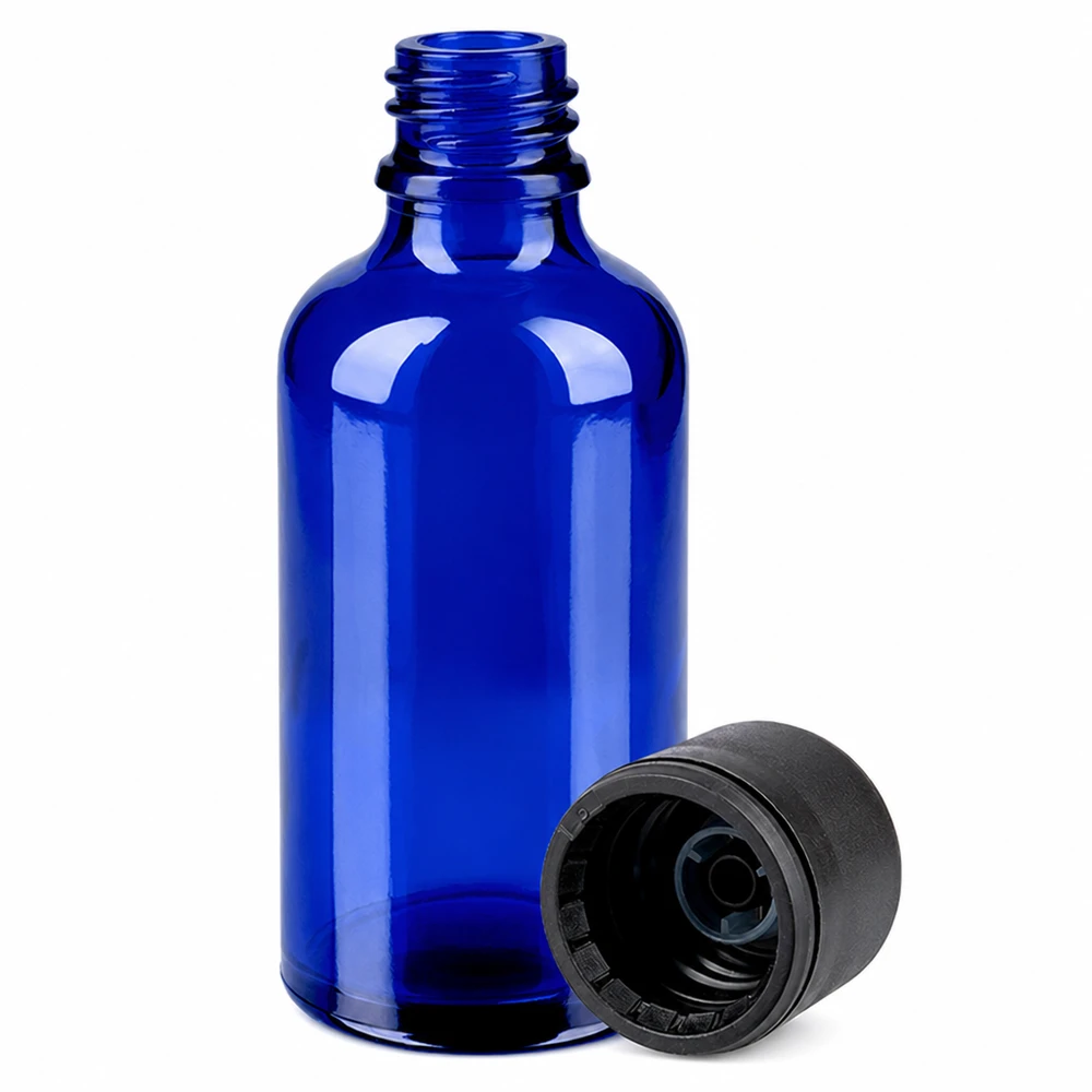 Frasco de 50ml com tampa de rosca de 6mm preta Standard BlueLine UT18/50 Frasco boticário de 50 ml em vidro azul com tampa de rosca para aromaterapia e cosméticos naturais