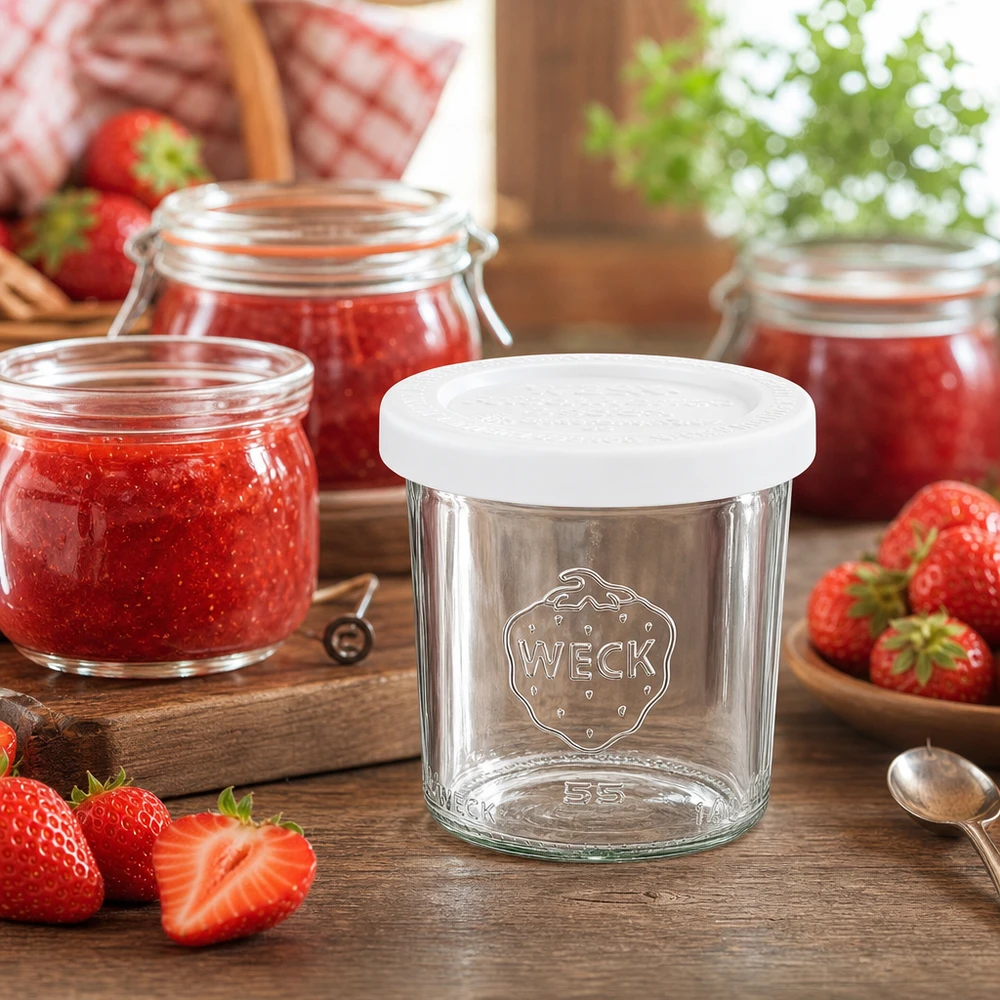 Frasco de conserva de 140 ml WECK com morangos e compota numa mesa de madeira - Copos RR60 para compotas e pastas de barrar