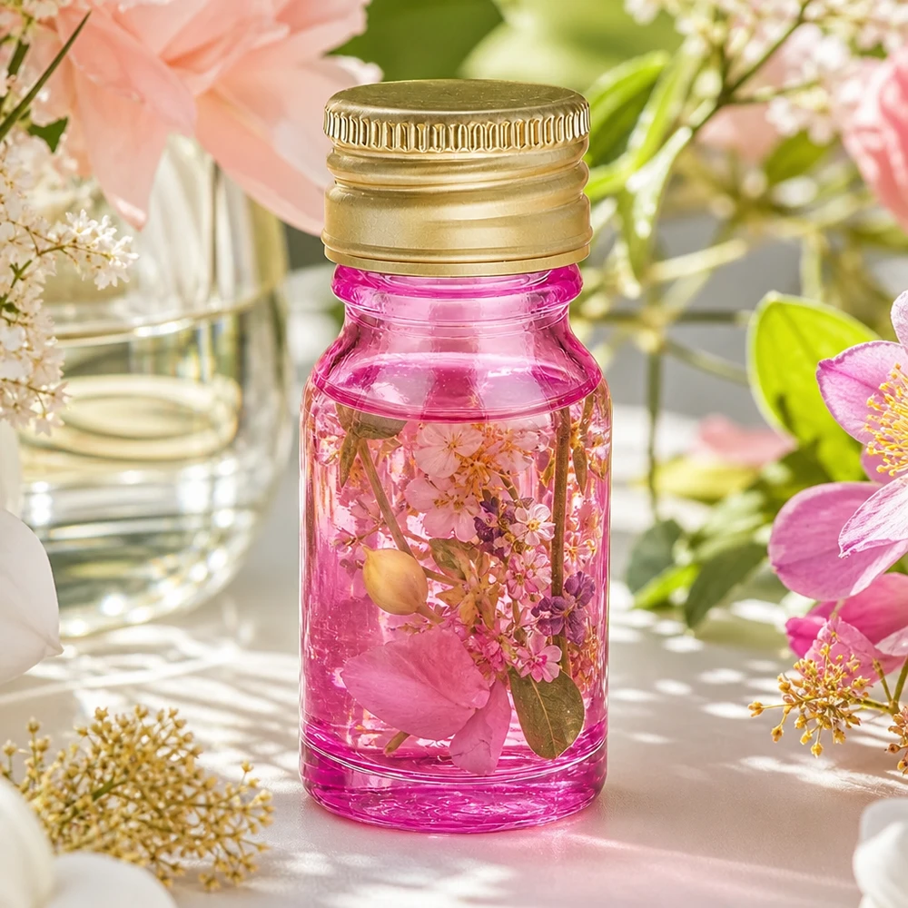 Frasco decorativo de 10 ml em roxo com tampa de alumínio dourada para cosméticos DIY e cosméticos naturais