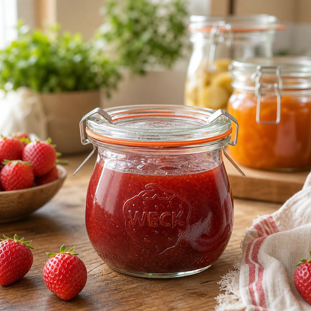 Frasco tulipa WECK de 75 ml cheio de compota de morango num cenário de cozinha rústica com morangos frescos e frascos de compota