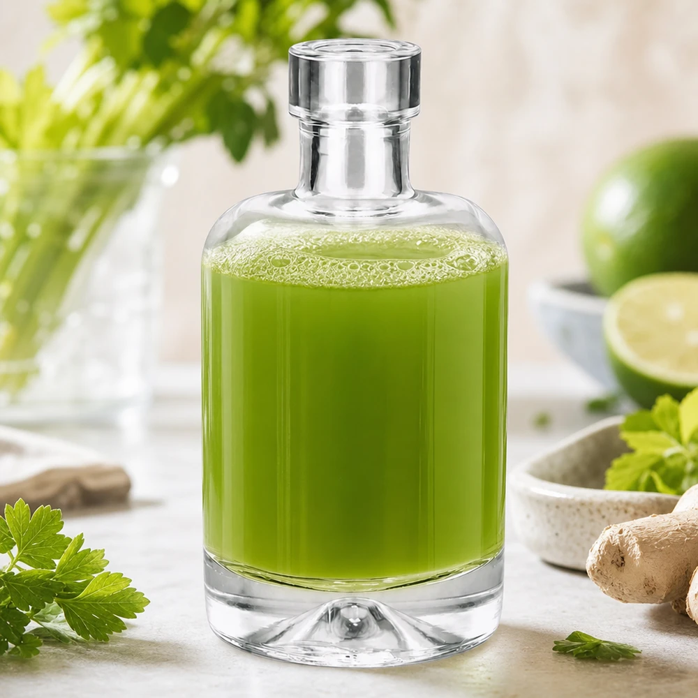 O frasco de vidro de 50 ml Amelie, cheio de extrato de ervas verdes, ao lado de ervas frescas e lima, mostra a aplicação de cosméticos naturais