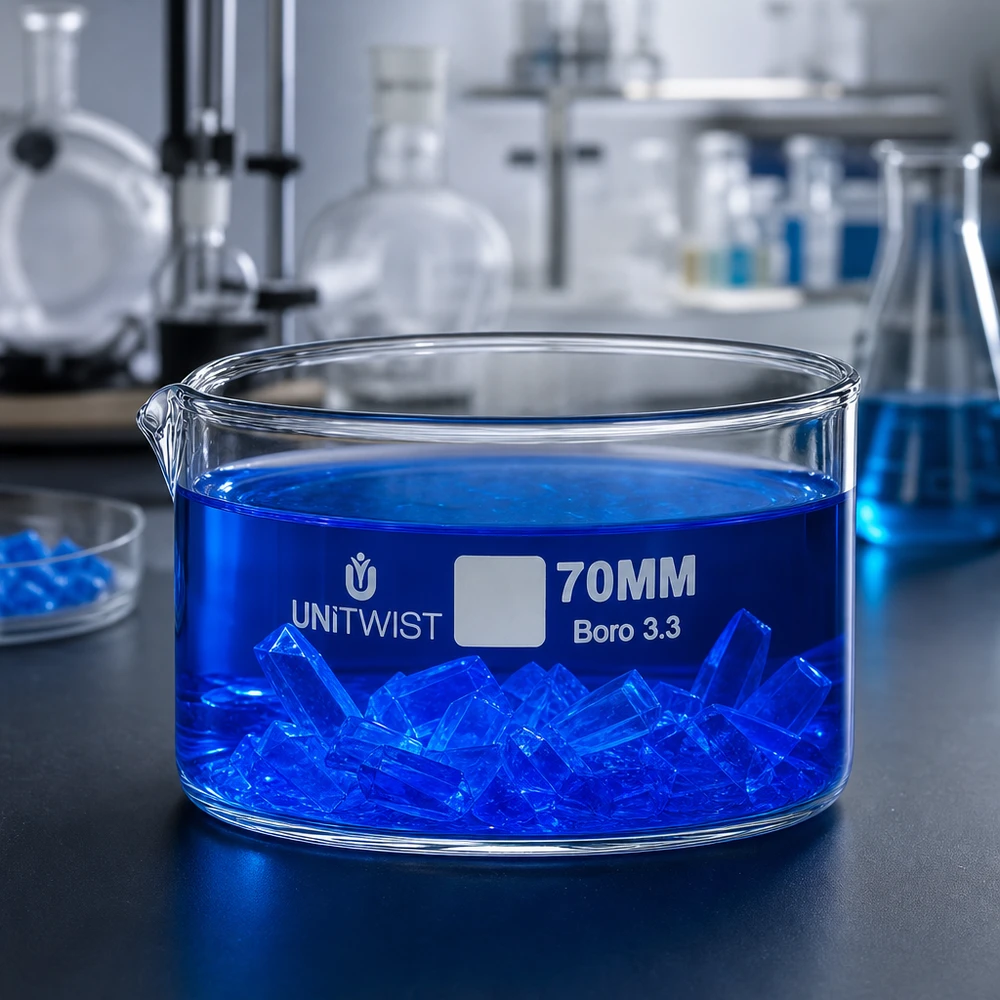 Baceta de cristalização de 70 mm UNiTWIST em vidro borossilicato 3.3 com solução azul e cristais no laboratório