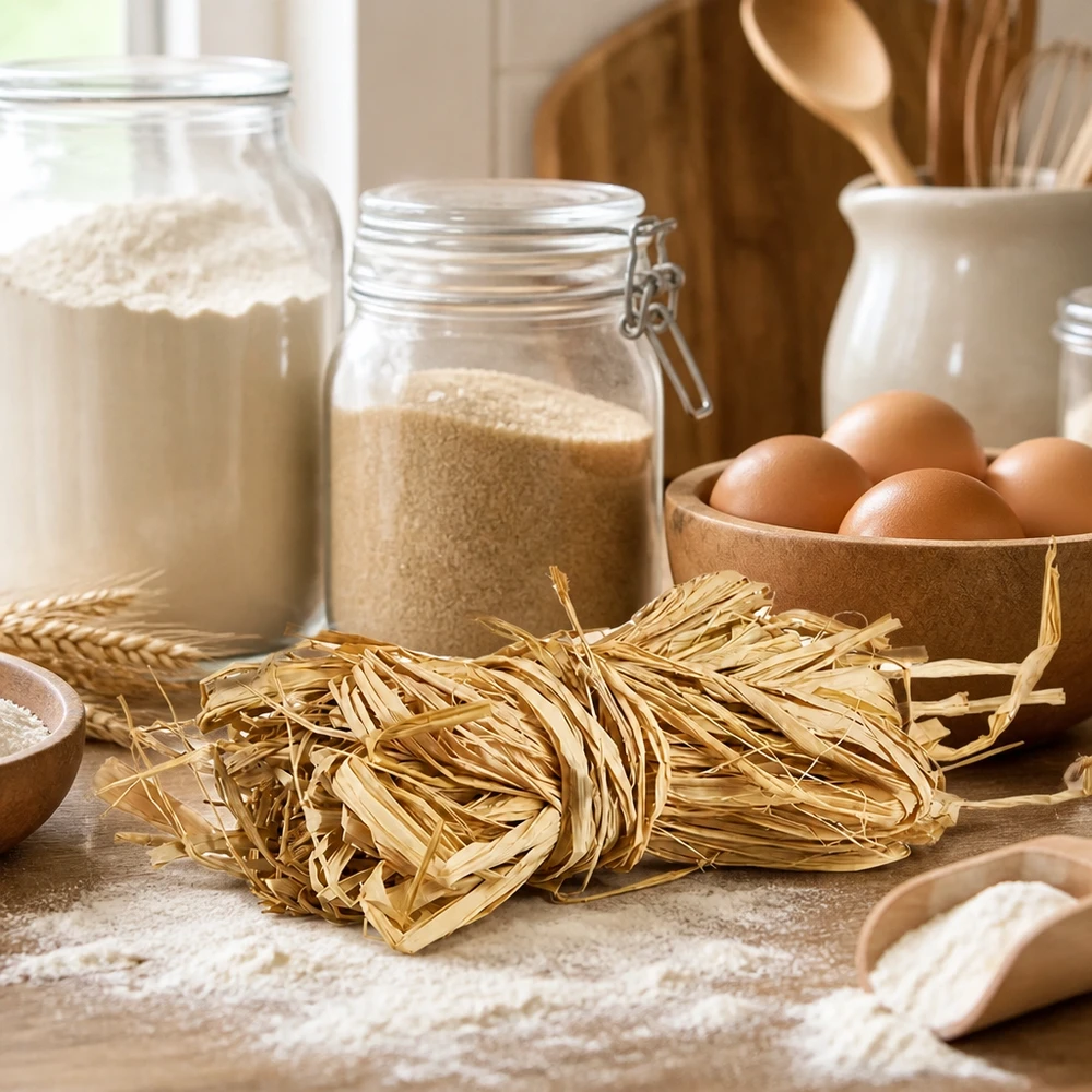Corda natural para decoração, 30 g A ráfia natural 30g bege dourado como auxiliar de cozinha para feixes de massa, juntamente com ovos e farinha, mostra a utilização tradicional
