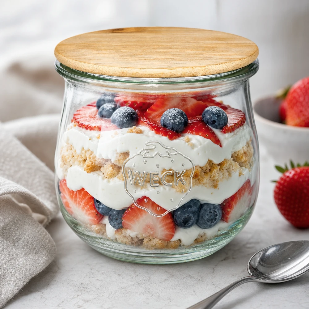 370ml Tulpenglas WECK RR80 mit Holzdeckel Frasco de tulipa WECK 370ml RR80 com tampa de madeira como frasco de sobremesa cheio de bagas e natas numa superfície branca