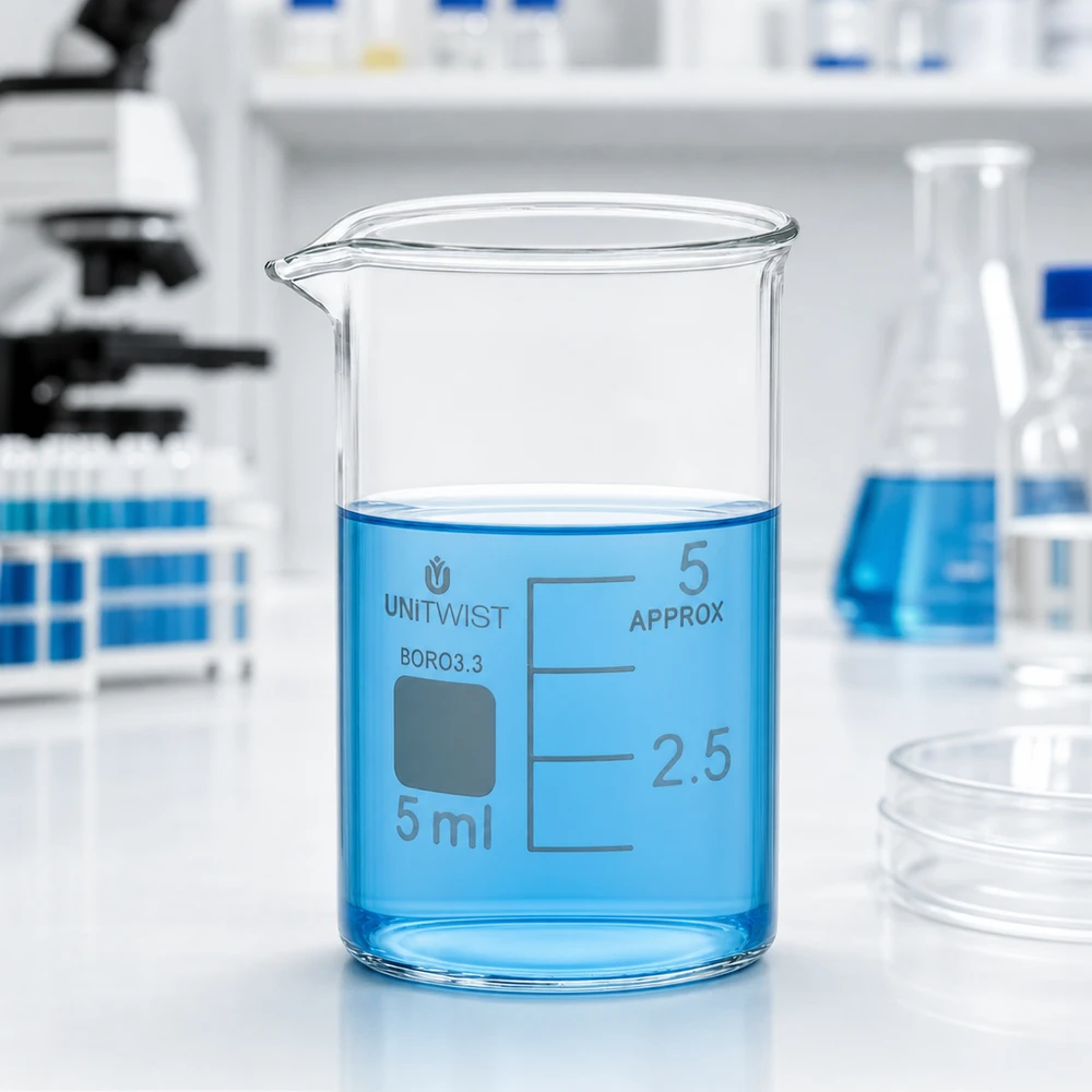 Copo de vidro UNiTWIST de 5 ml, de borossilicato, de formato baixo, com líquido azul no laboratório
