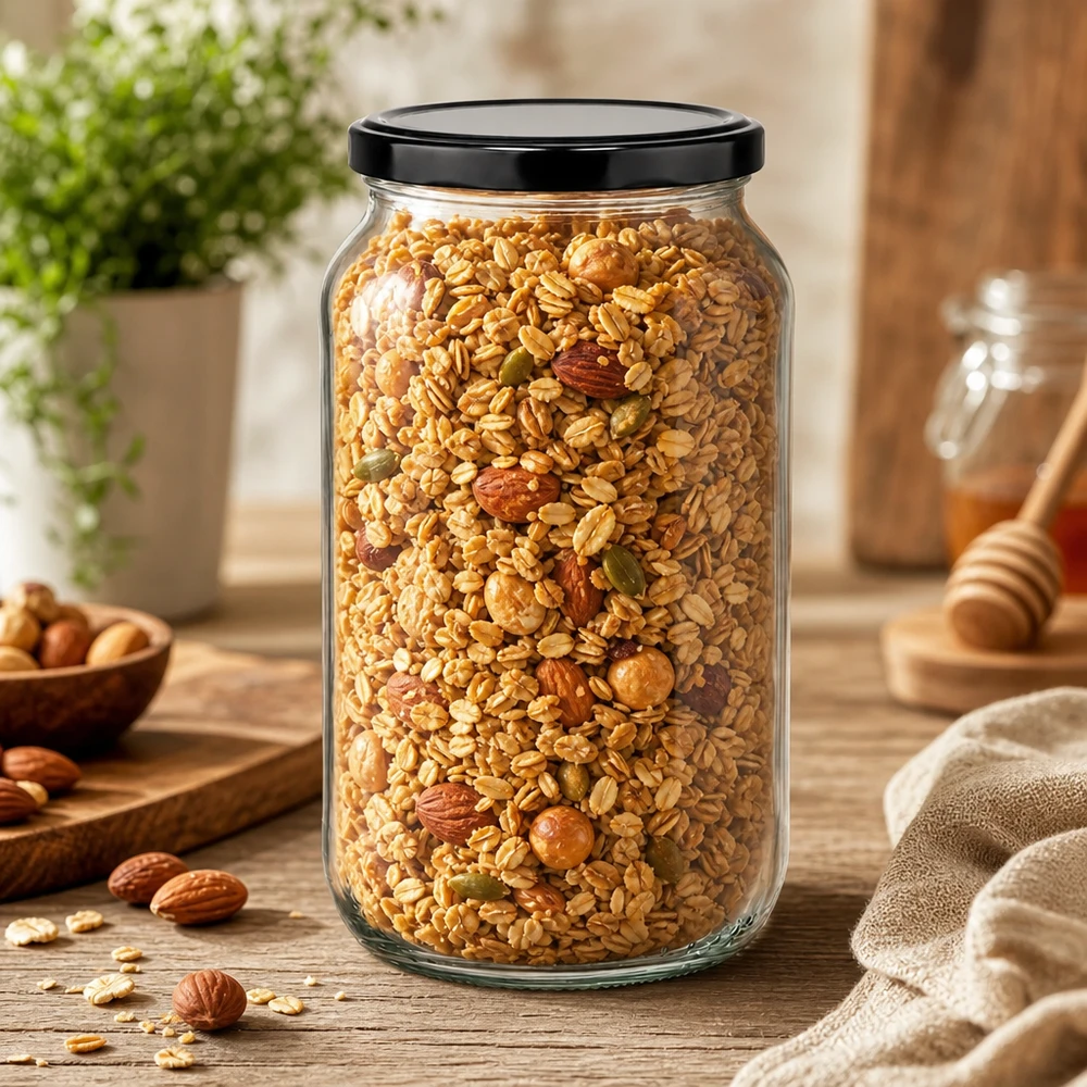 Frasco redondo de 1062 ml com tampa BasicSeal preta UNiTWIST Frasco redondo de 1062 ml cheio de muesli e nozes - frasco grande de armazenamento com tampa preta para alimentos secos