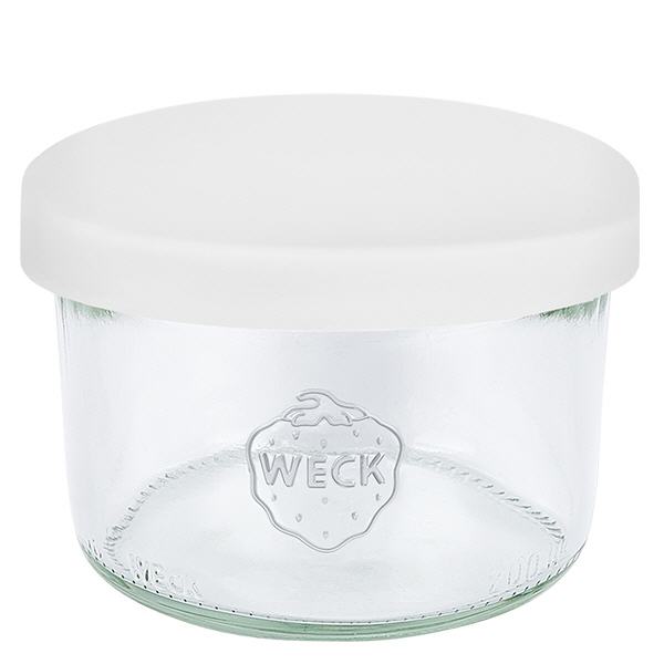Copos de vidro de 200 ml WECK RR80 com tampa de silicone branca