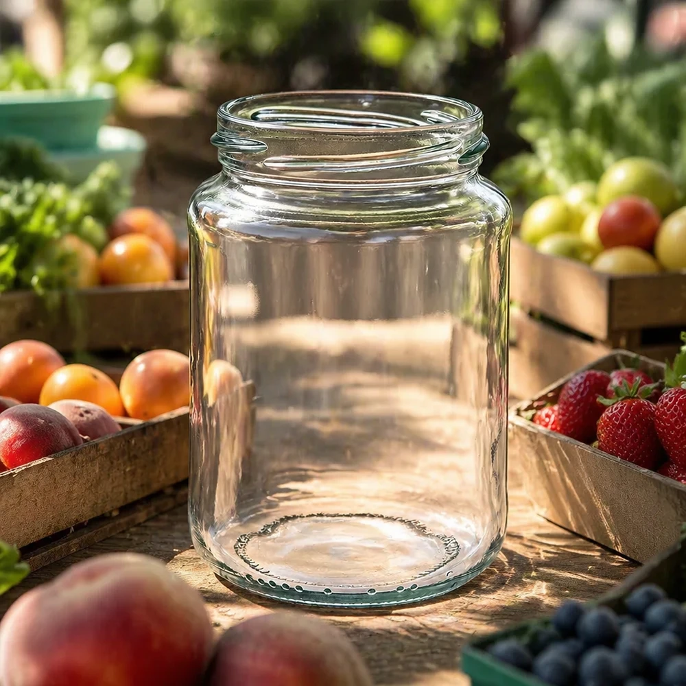 Frasco redondo UNiTWIST Runda382 vazio de 382 ml TO66 sobre uma mesa de madeira com frutas e legumes frescos ao fundo