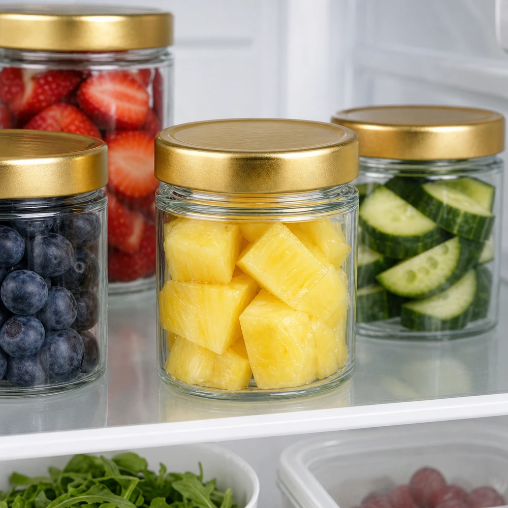 Frasco redondo de 154 ml com tampa BasicSeal dourada profunda UNiTWIST 154ml Rundglas BasicSeal gold im Kühlschrank mit Obst Ananas Beeren Gurken frische Lebensmittel Meal Prep Aufbewahrung