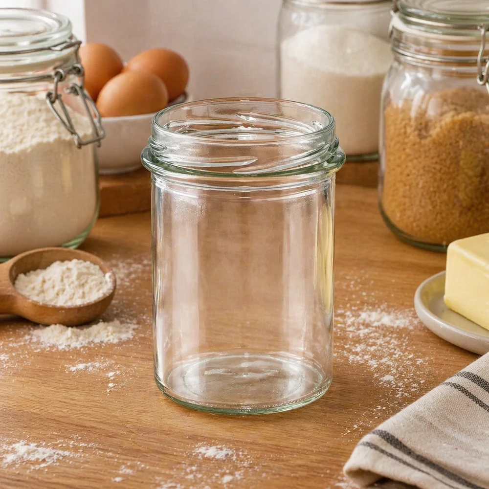 Copos de vidro de 230ml sem tampa (TO66) UNiTWIST UNiTWIST Sturz230 copos de 230 ml TO66 vazios em cima de uma mesa de madeira entre ingredientes de pastelaria, farinha, ovos e frascos de conserva