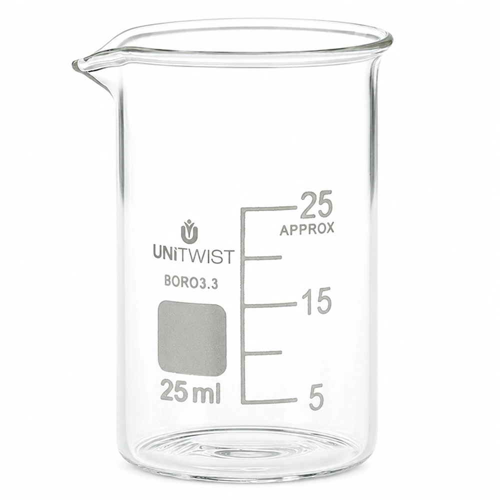 Copo 25 ml de borossilicato, molde baixo UNiTWIST Copo de 25 ml em borossilicato, de formato baixo, da UNiTWIST, com escala em mililitros