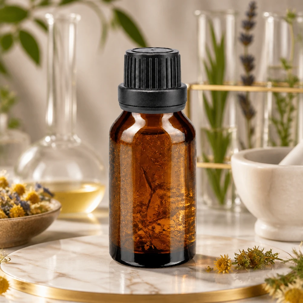 Frasco de farmácia castanho 15ml com tampa de conta-gotas e anel de vazamento 2mm preto com fecho inviolável Frasco de vidro castanho de 15 ml com tampa preta original, sobre mármore, entre ervas medicinais e equipamento de laboratório
