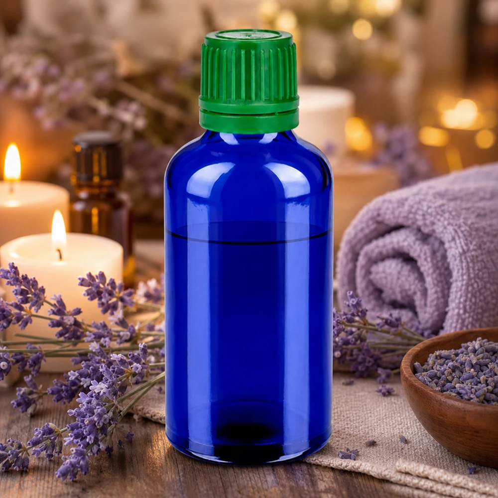 Frasco de vidro de 50 ml de alta qualidade em azul elegante com uma prática tampa verde para aromaterapia