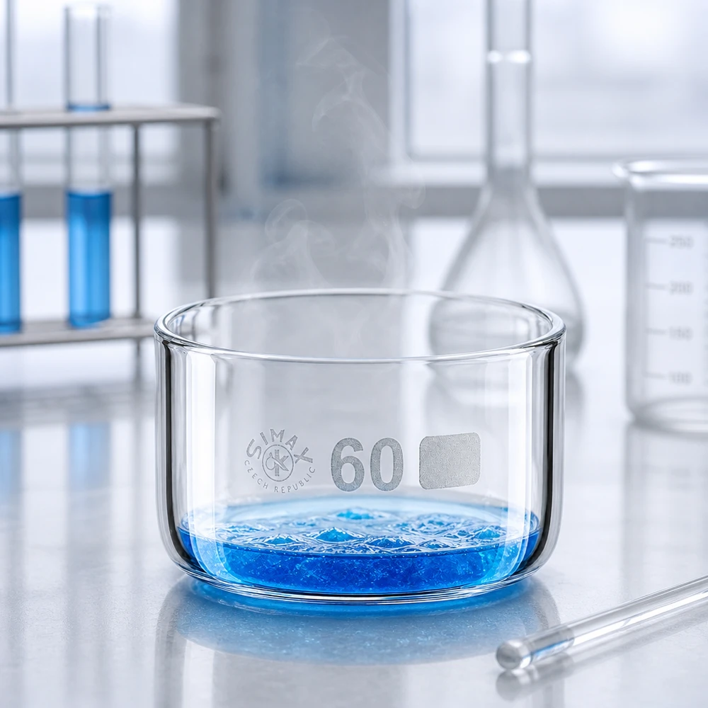 Cápsula de cristalização de 60ml sem bico em borosilicato ø60mm Bandeja de cristalização Simax de 60 ml com líquido azul e vapor a subir no laboratório