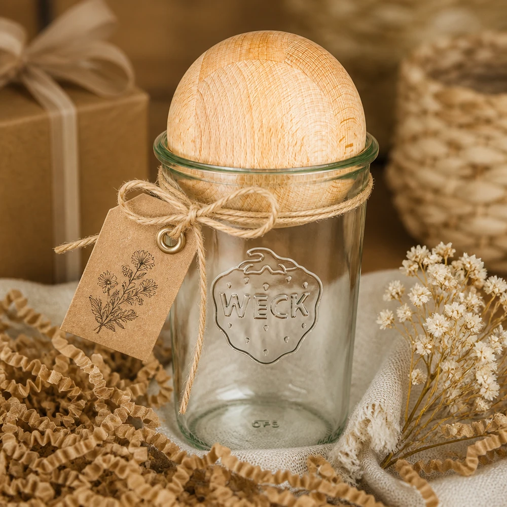 Copos WECK RR100 de 850 ml com bola de madeira de faia como ideia de presente, decorados com papel artesanal e flores secas