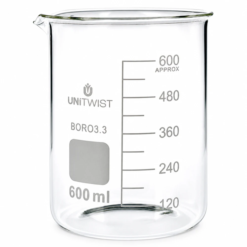 Copo de laboratório de 600 ml em borossilicato, de formato baixo, com escala em milímetros, da UNiTWIST