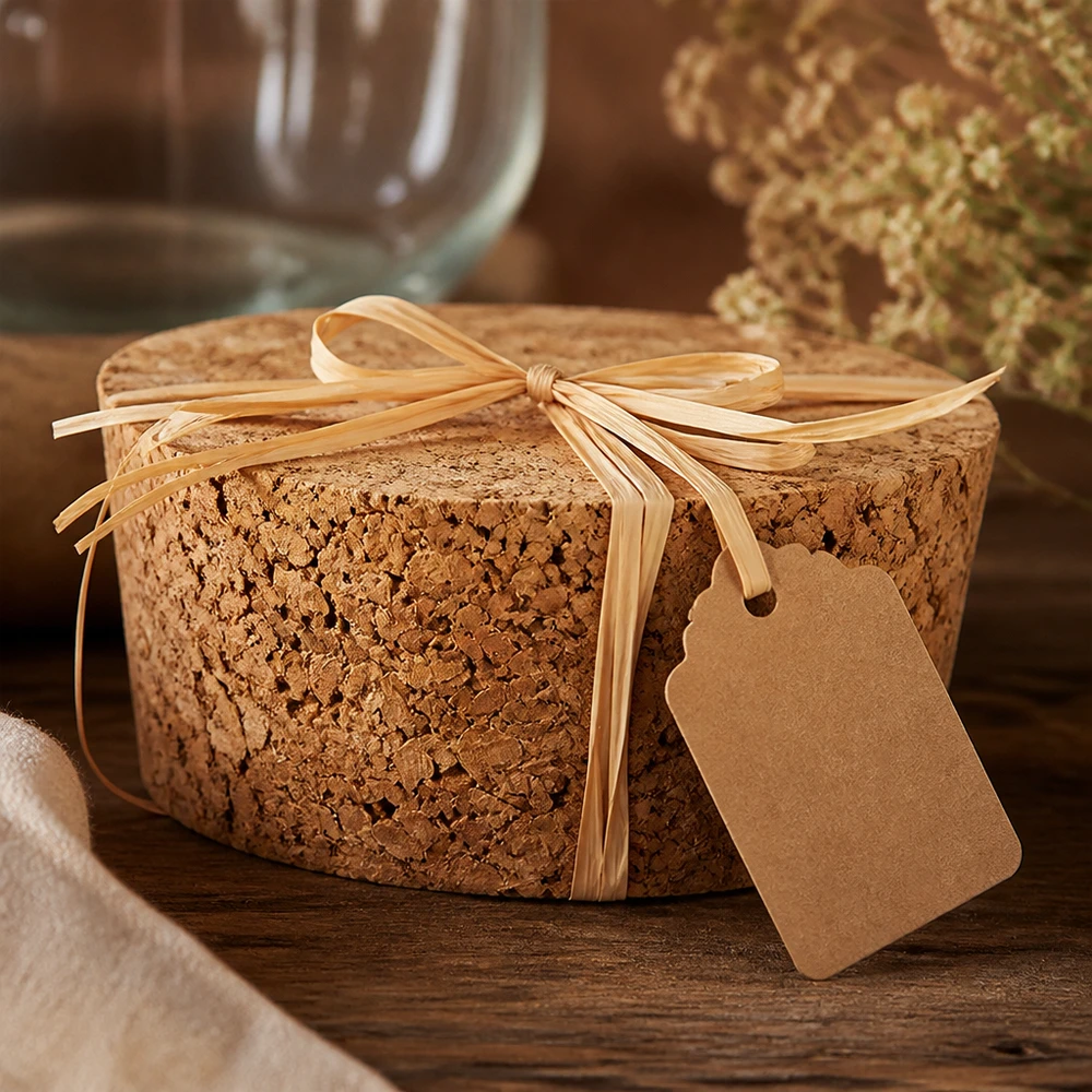 Rolha de cortiça WECK RR40 embrulhada para oferta com laço e etiqueta decoração rústica rolha de cortiça natural 40mm