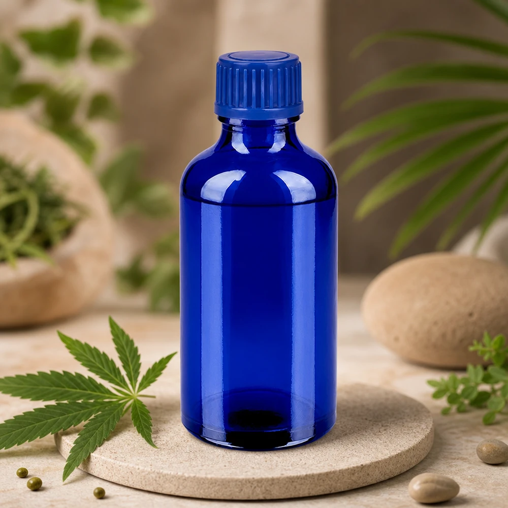 Frasco de vidro BlueLine UT18/50 de 50 ml com tampa de rosca com ranhuras para uma óptima aderência e fecho