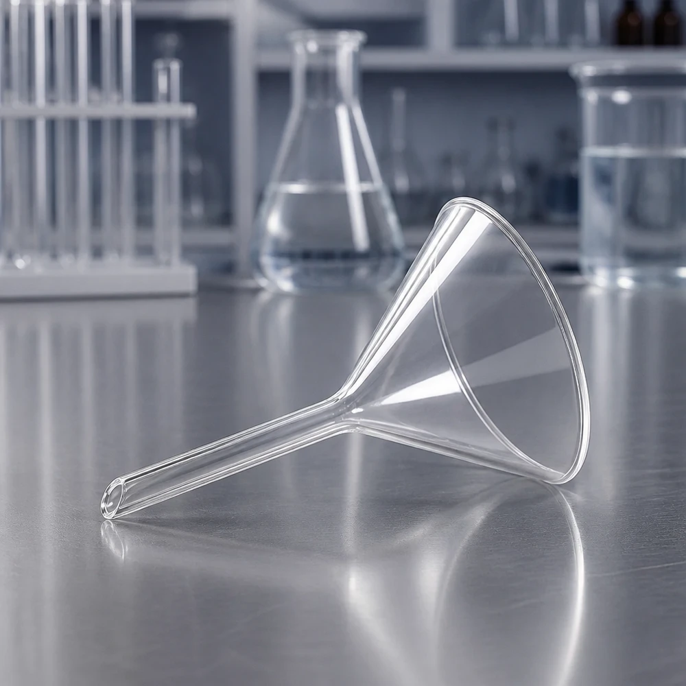 Funil ø50mm cal sodada, ângulo 60°, estilo curto Funil de vidro transparente de laboratório com abertura de 50 mm para aplicações e experiências químicas