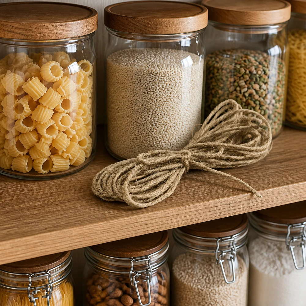 Cordão natural para decoração, com 300 cm de comprimento Cordão de juta natural de 300 cm decorativo na cozinha da despensa com frascos de vidro e prateleiras de madeira como decoração natural