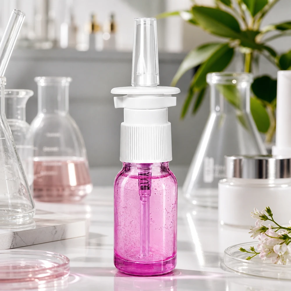 Frasco de spray nasal de 10 ml branco/transparente standard PurpleLine. UT18/10 Pequeno frasco de spray nasal de 10 ml em roxo transparente com prático acessório de spray para levar consigo