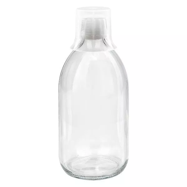 Frasco de medicamento de 500ml transparente, fecho inviolável com copo de dosagem 30ml ApoGlas Frasco de medicamento de 500ml transparente, fecho inviolável com copo de dosagem 30ml ApoGlas