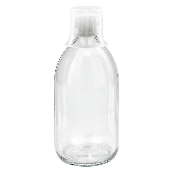Frasco de medicamento de 500ml transparente, fecho inviolável com copo de dosagem 30ml ApoGlas Frasco de medicamento de 500ml transparente, fecho inviolável com copo de dosagem 30ml ApoGlas