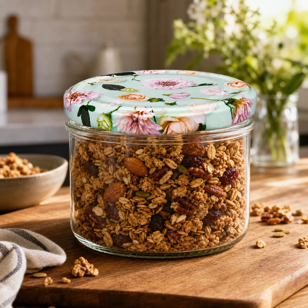 Jarro de 230 ml + tampa BasicSeal flor de menta Muesli em frasco cilíndrico de 230 ml com tampa BasicSeal flor de menta sobre tábua de madeira - frasco de arrumação para decoração de cozinha