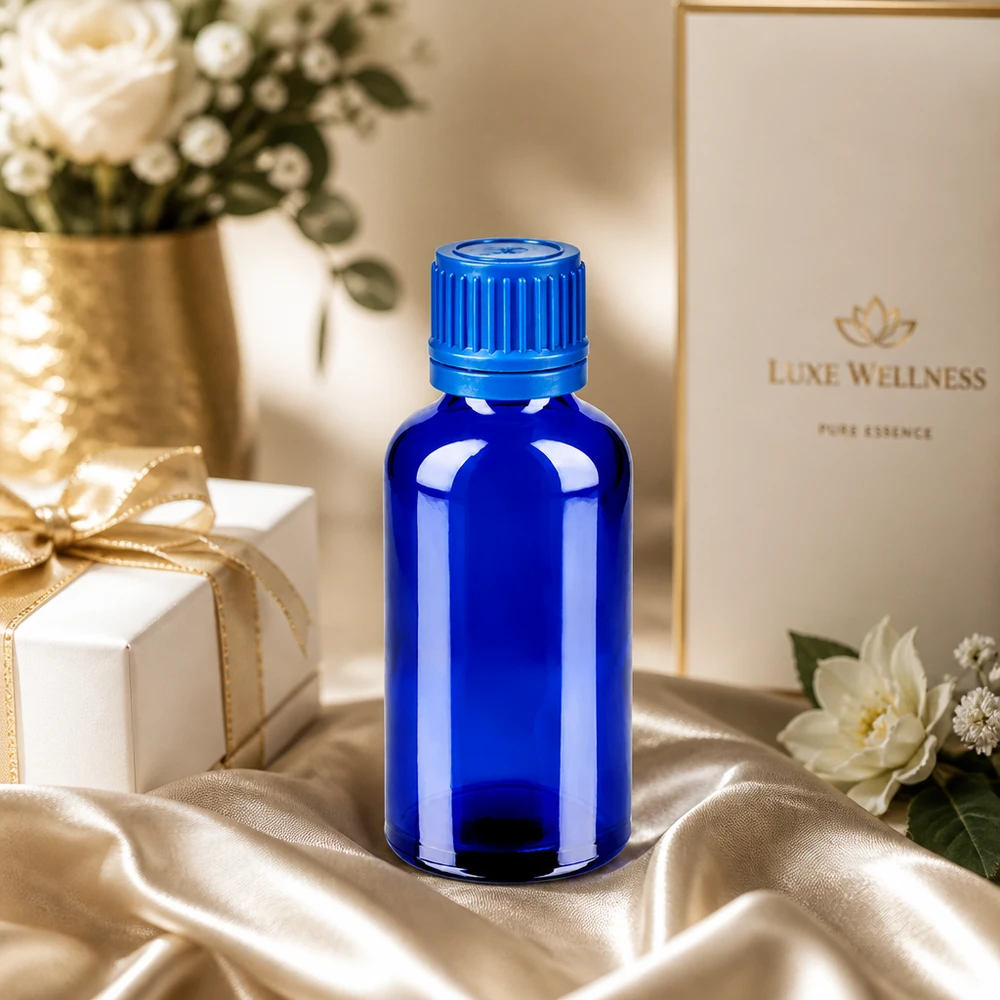 Frasco de vidro azul de 50 ml de alta qualidade com tampa de rosca com nervuras para essências cosméticas