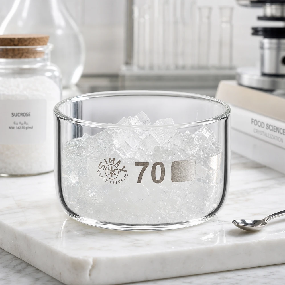 Prato de cristalização de 100ml sem bico em borosilicato ø70mm Taça cilíndrica rasa de vidro com 70 mm de diâmetro, cheia de cristais de açúcar, ao lado de um copo de sacarose