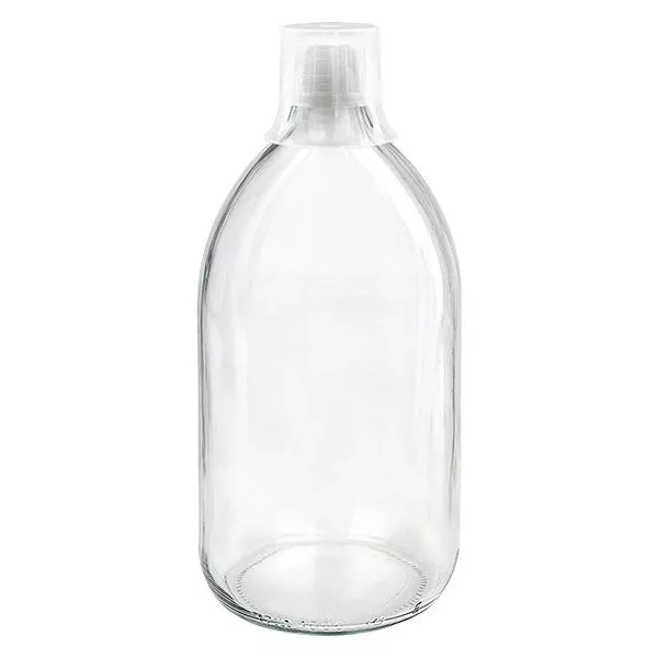 Frasco de medicamento de 1000ml transparente, fecho inviolável com copo de dosagem 30ml ApoGlas Frasco de medicamento de 1000ml transparente, fecho inviolável com copo de dosagem 30ml ApoGlas
