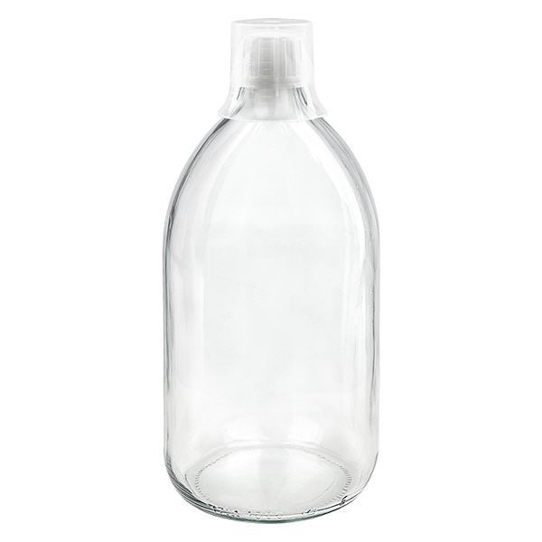 Frasco de medicamento de 1000ml transparente, fecho inviolável com copo de dosagem 30ml ApoGlas Frasco de medicamento de 1000ml transparente, fecho inviolável com copo de dosagem 30ml ApoGlas