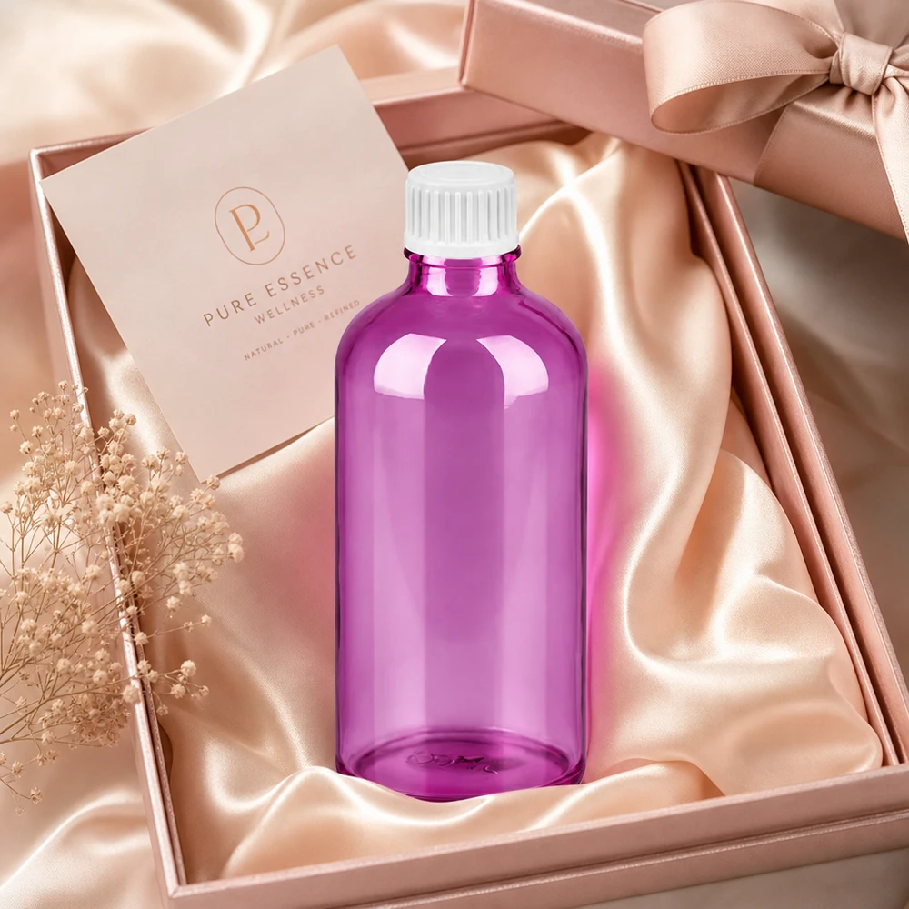 Frasco conta-gotas transparente de 100 ml com design elegante em roxo e tampa conta-gotas branca profissional
