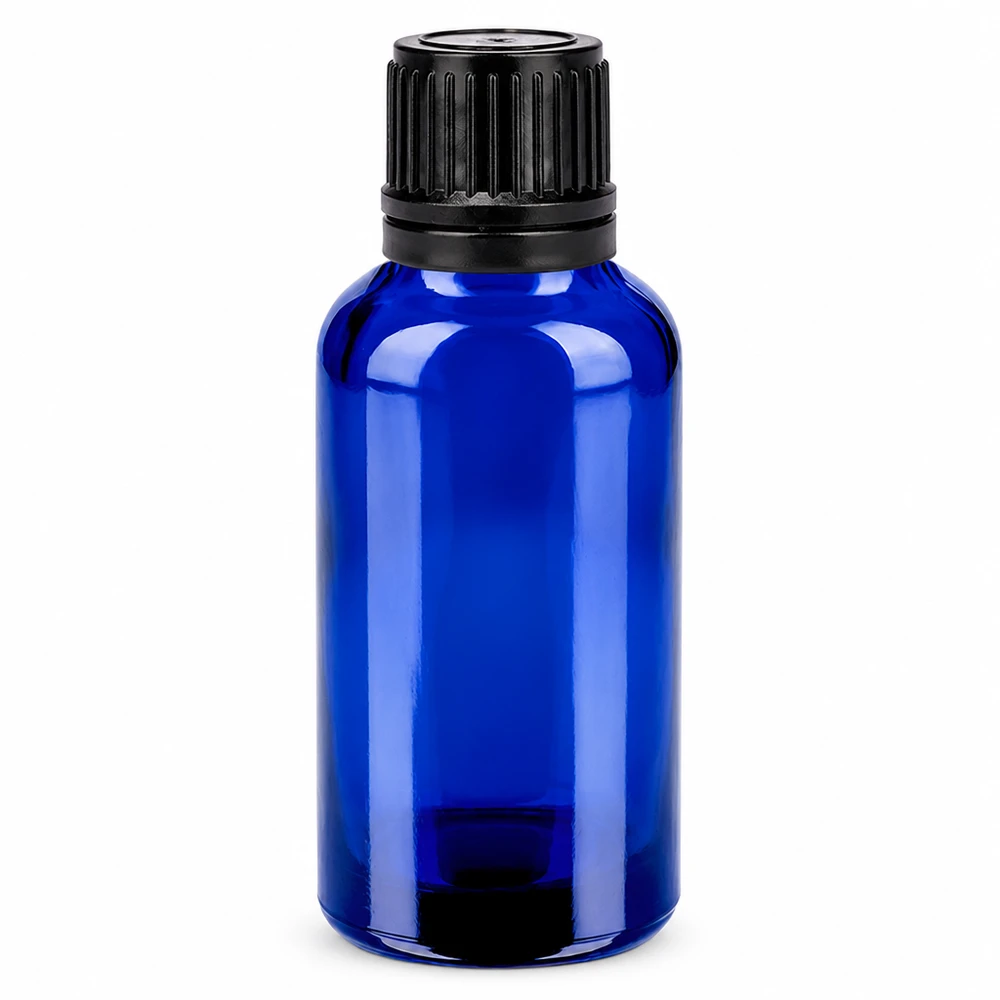 Frasco de 30ml 11mm tampa de rosca preta inviolável BlueLine UT18/30 Frasco de vidro azul de 30 ml com tampa preta para óleos essenciais e cosméticos
