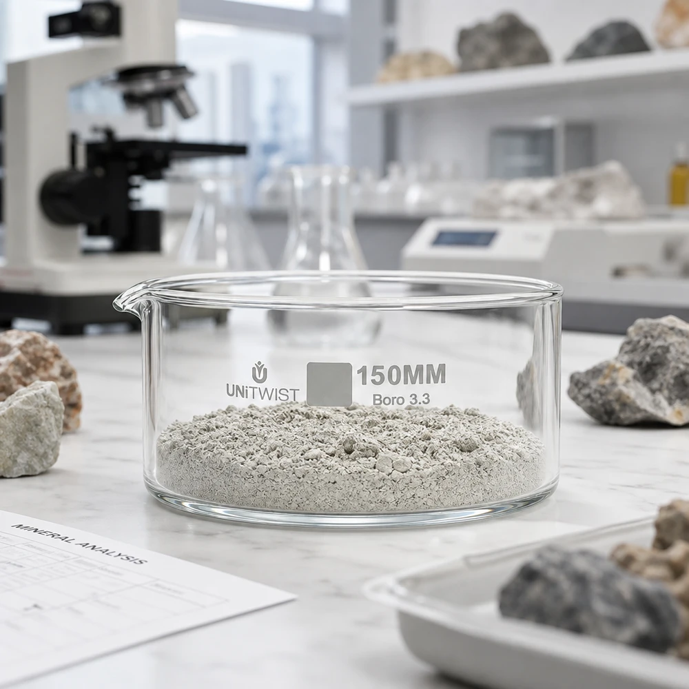 Copa de cristalização de 150 mm UNiTWIST Boro 3.3 com pó mineral cinzento para análise mineral em laboratório