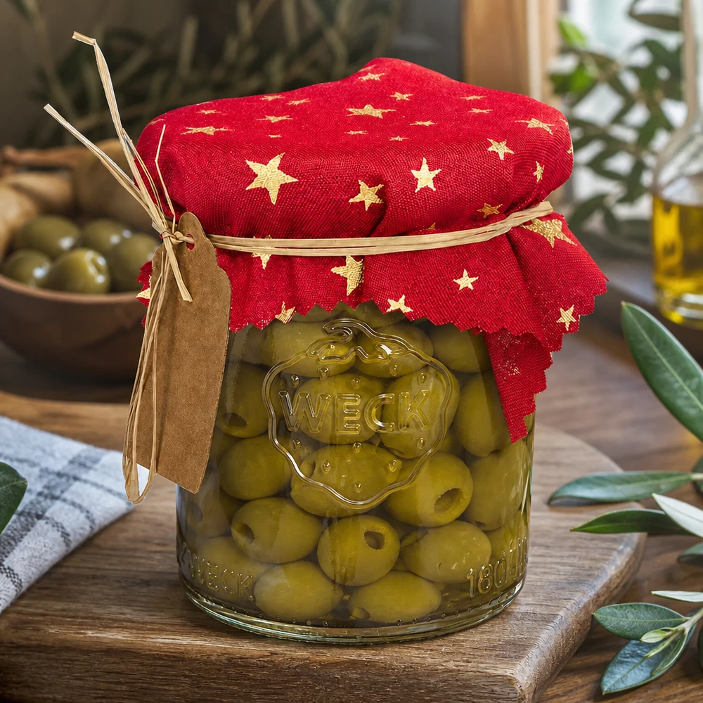 Guardanapo de tecido com padrão de estrelas vermelhas de 12 cm em frasco de azeitona decoração de cozinha mediterrânica frasco de conserva com pendente