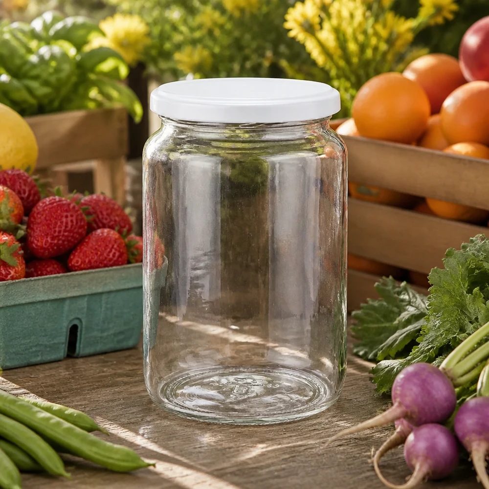 Frasco redondo de 795ml com tampa BasicSeal branca UNiTWIST Klares 795ml Rundglas mit weißem Deckel inmitten von frischem Obst und Gemüse - perfekt für Marmelade und Eingemachtes