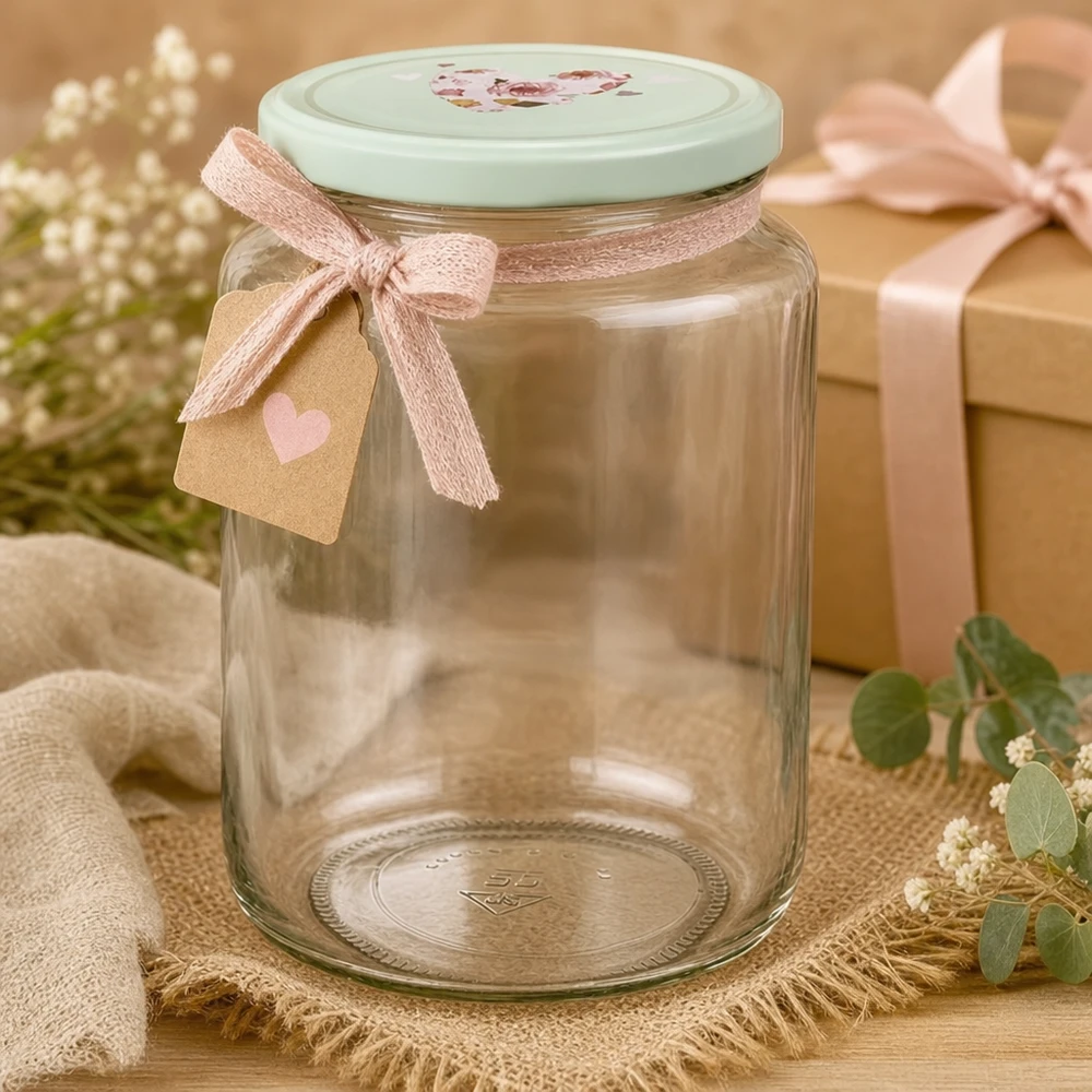 Frasco redondo de 795 ml + tampa BasicSeal coração menta UNiTWIST Frasco redondo de 795 ml com tampa em forma de coração BasicSeal de menta, decorado com um laço cor-de-rosa e uma etiqueta de oferta como ideia de presente