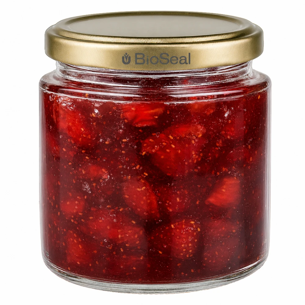 350g Honigglas + BioSeal Deckel gold UNiTWIST Frasco de mel BioSeal de 250 ml com compota de morango caseira, tampa dourada UNiTWIST para compota e fruta para barrar