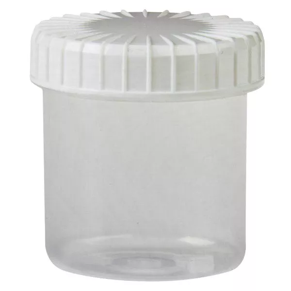 Frasco transparente com tampa de rosca de 75 ml com tampa preta ranhurada