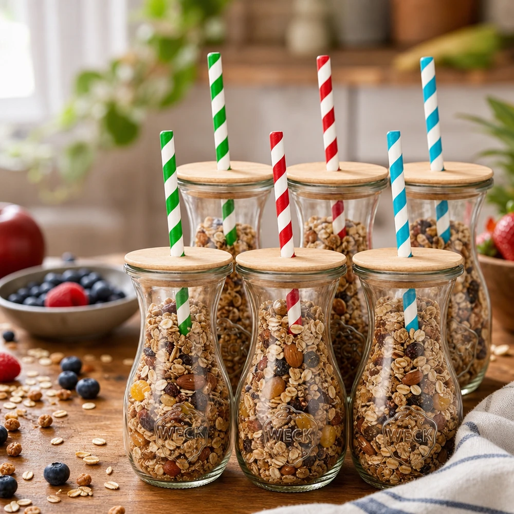 Garrafas de sumo WECK 290ml cheias de muesli nozes como frascos de arrumação tampas de madeira palhinhas de papel coloridas decoração de cozinha