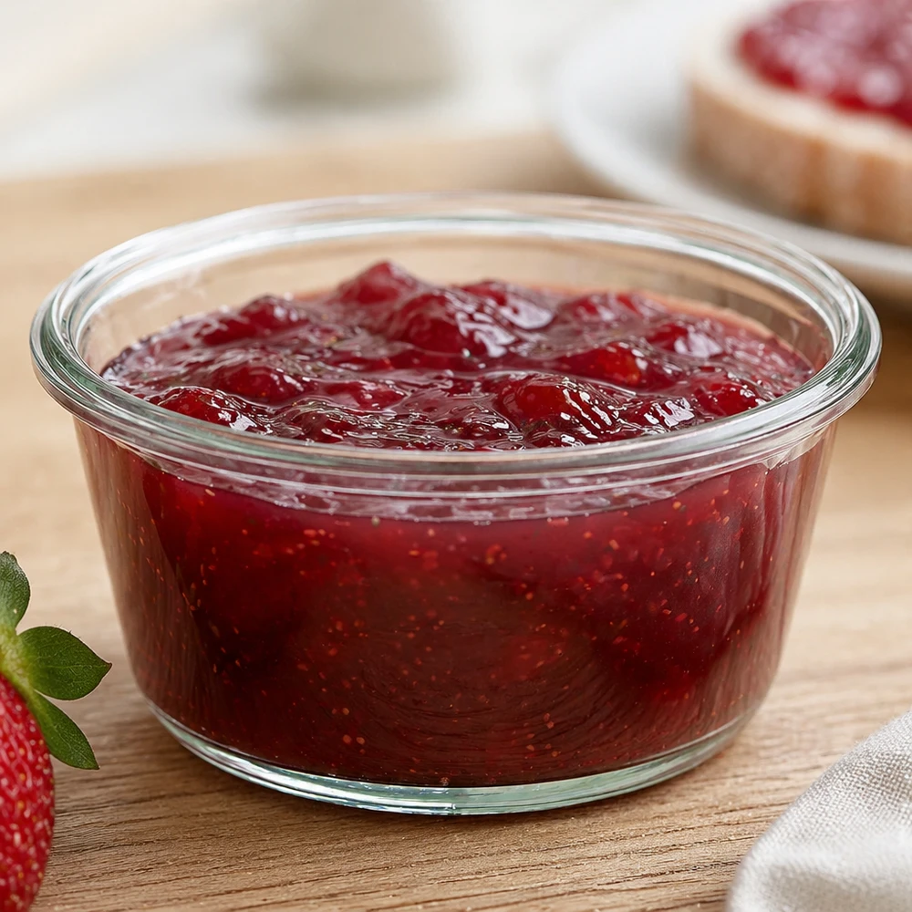 290ml Gourmetglas WECK RR100 WECK RR100 Frasco gourmet de 290 ml cheio de compota de morango na tábua de cozinha ao lado de morango e pão com compota