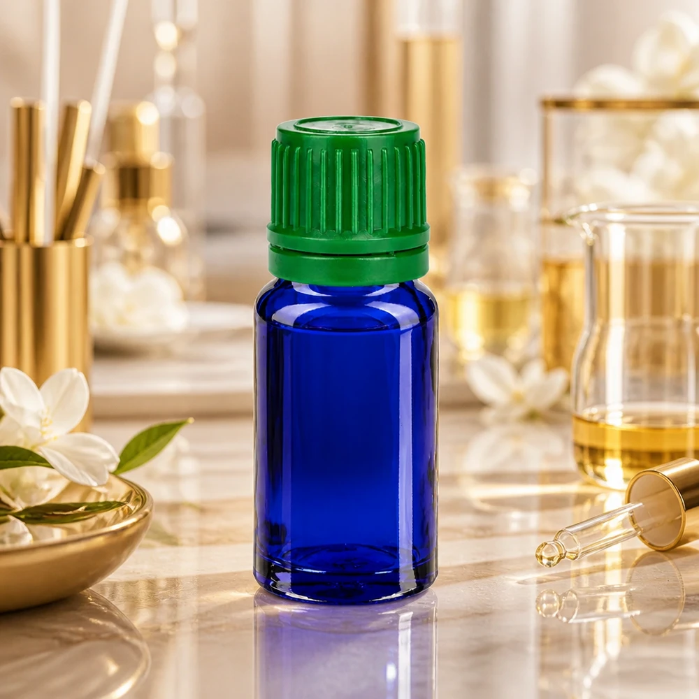 Frasco de vidro BlueLine de 10 ml com proteção UV e tampa verde para substâncias sensíveis à luz