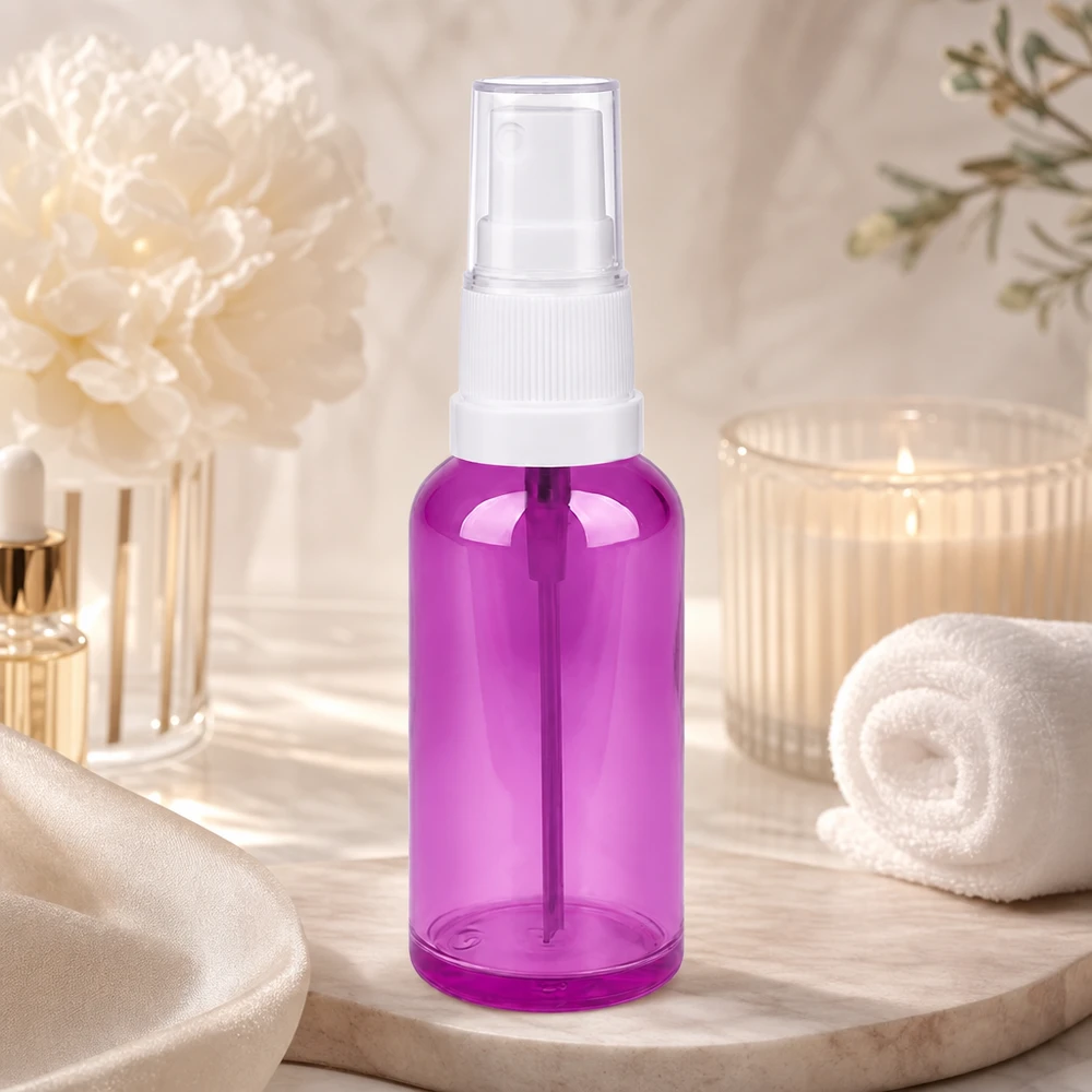 Frasco pulverizador com bomba de 50 ml de rosca STD roxo transparente para tónico facial e tónico