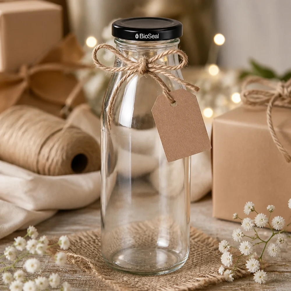 Garrafa de vidro de 500 ml decorada com cordão de juta e etiqueta de oferta como ideia de oferta juntamente com materiais de artesanato