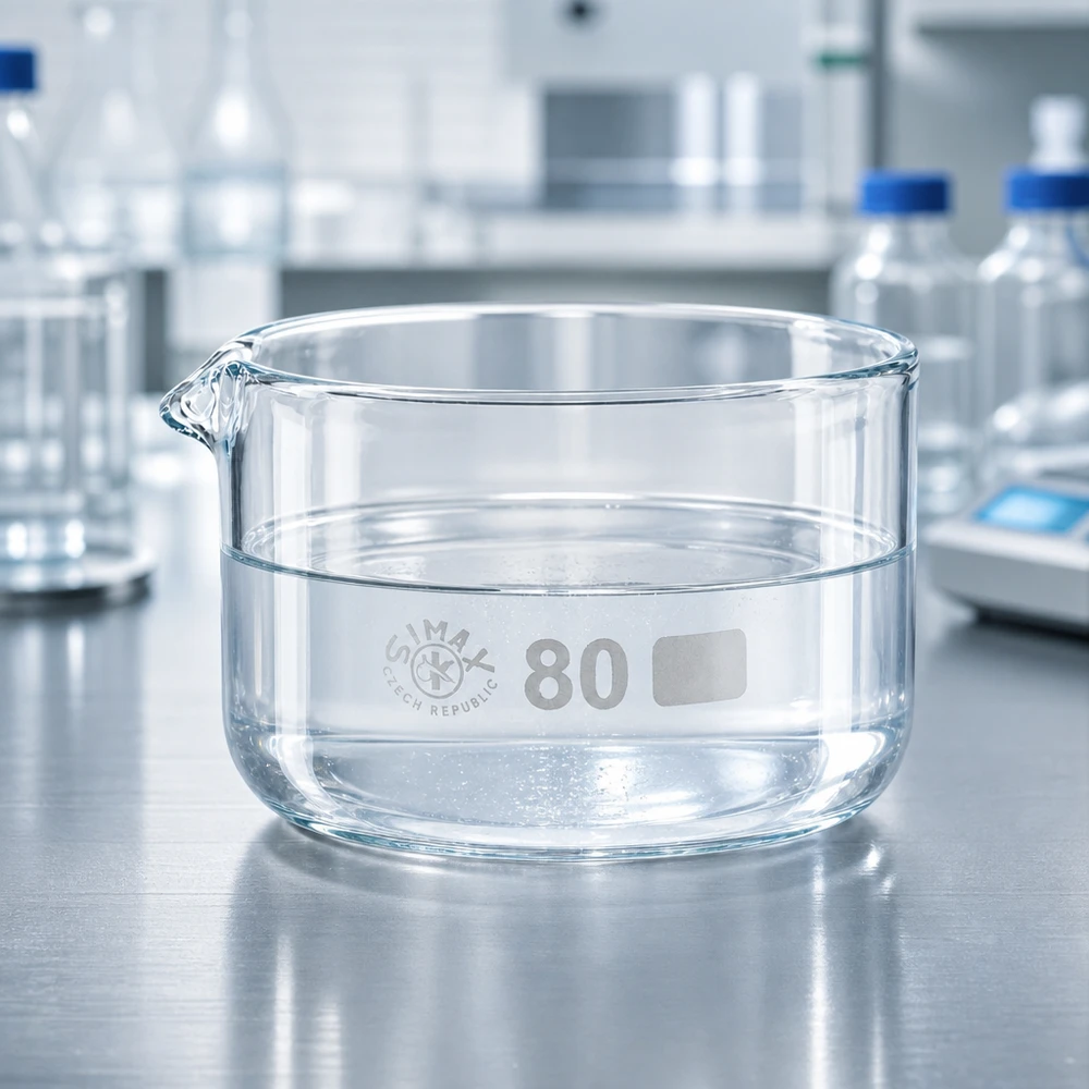 Taça de cristalização de 150ml com bico em borosilicato ø80mm Taça de cristalização cilíndrica baixa de 150 ml com bico vertedor, com superfície em aço inoxidável, para uso em laboratório